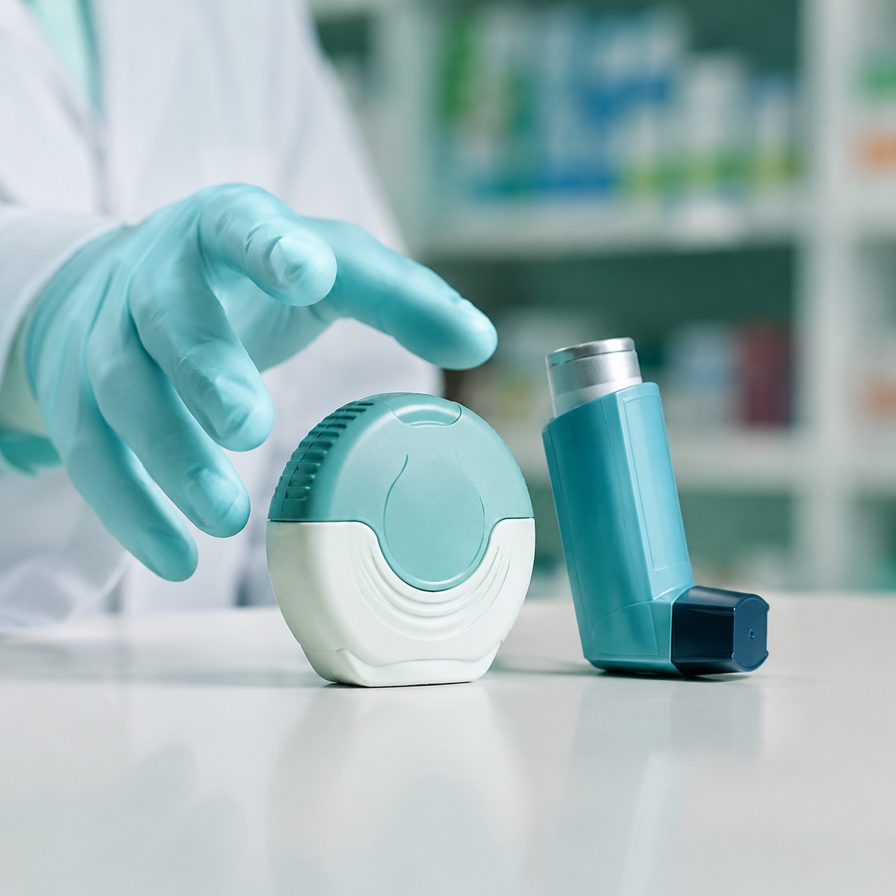 药房柜台上并排放着的干粉吸入器与定量吸入器
