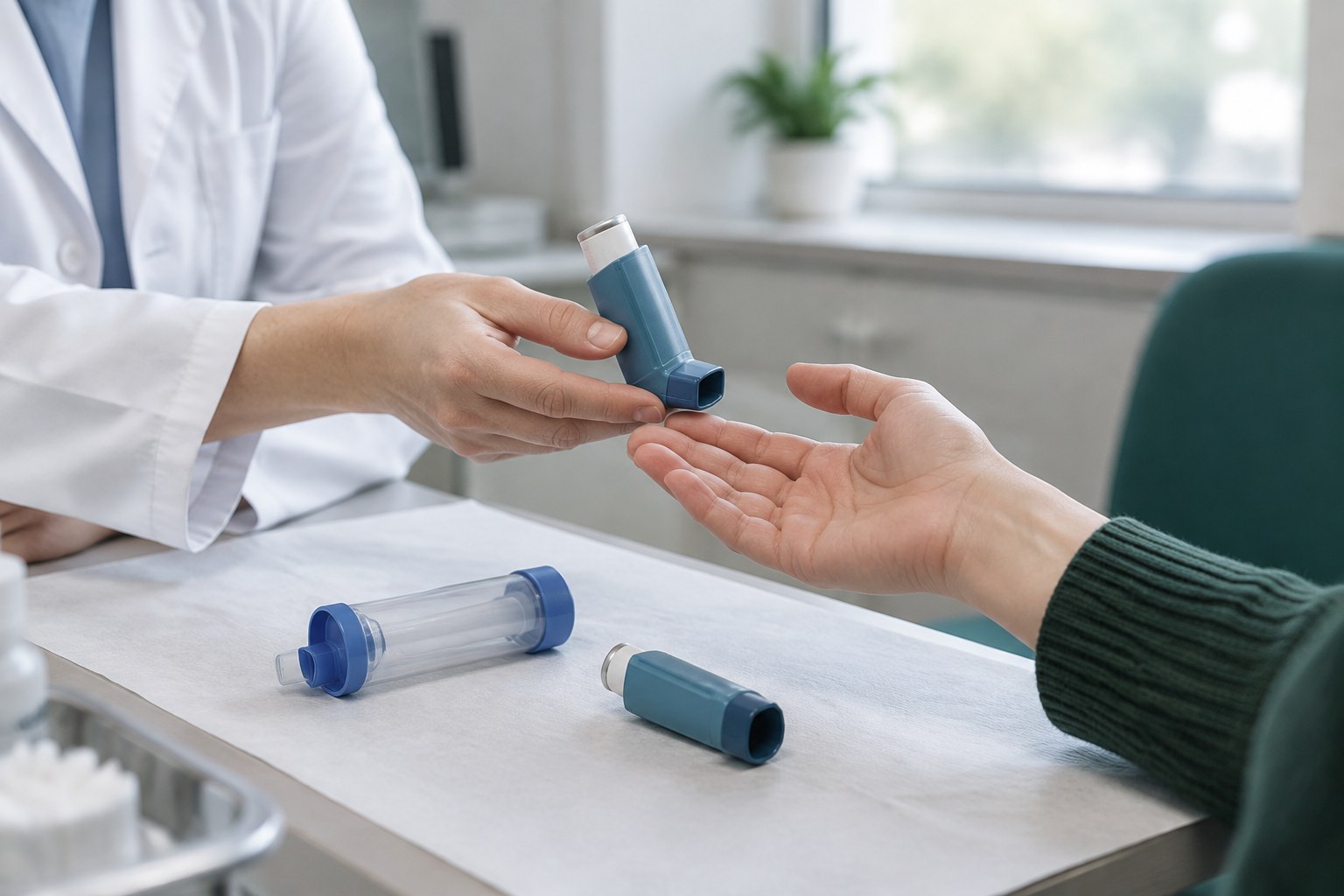 Un farmacéutico entrega un inhalador de dosis medida azul a la palma abierta de un paciente en una esquina tranquila de consulta, con una cámara espaciadora en la mesa