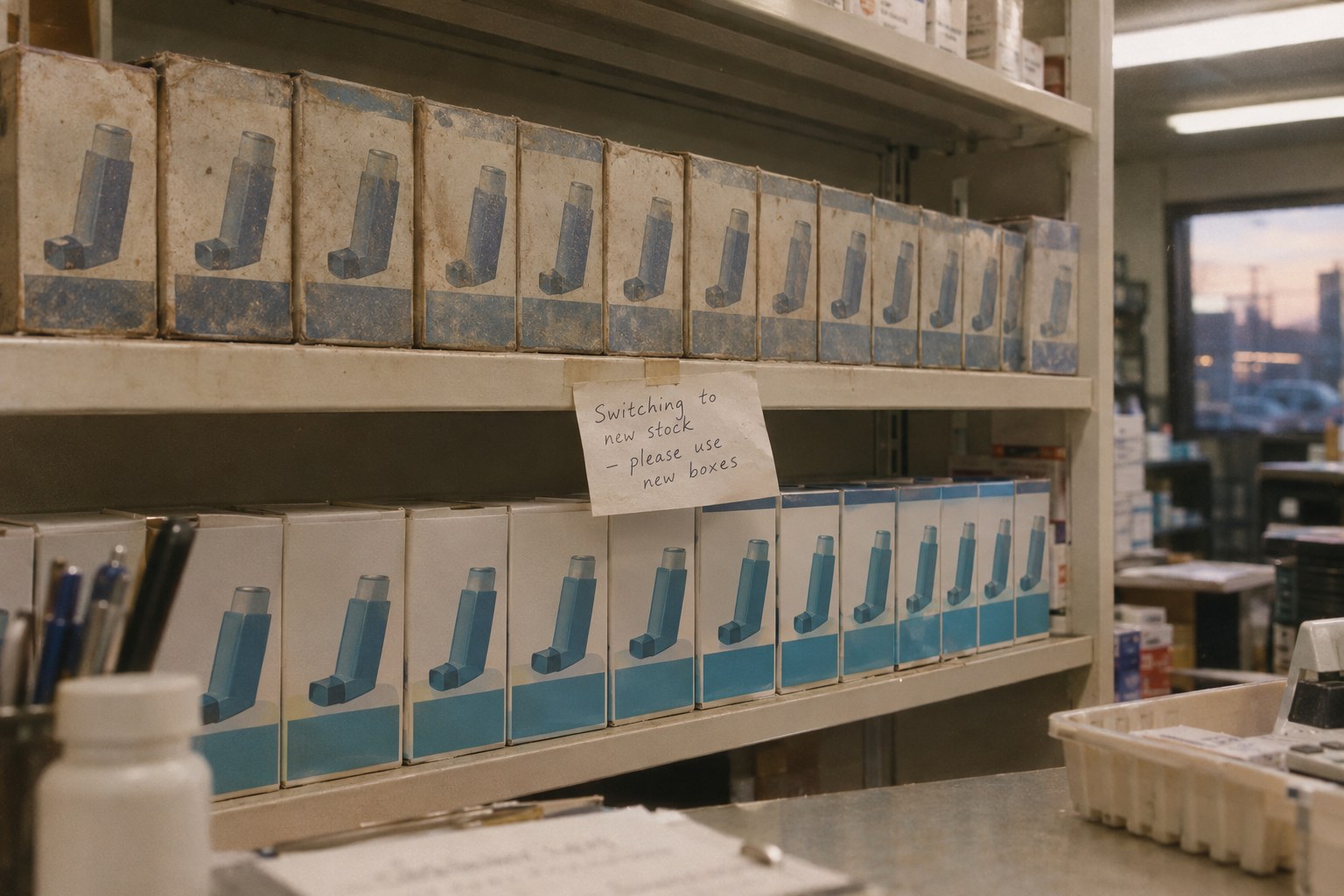 Estantería de farmacia vista desde el lado del farmacéutico: dos filas de cajas idénticas, una más vieja y polvorienta, una nota de transcripción manuscrita pegada al borde